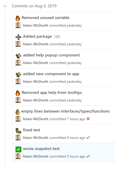Commit history containing emojis