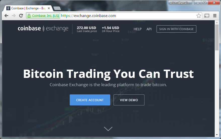 Coinbase Exchange homepage screenshot