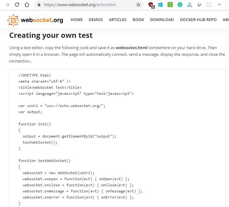 Picture of the code from the websocket.org website used to test WebSockets through a browser
