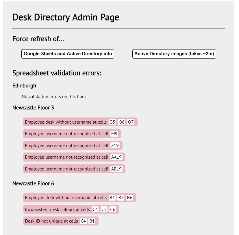 Admin page to show errors in the spreadsheets