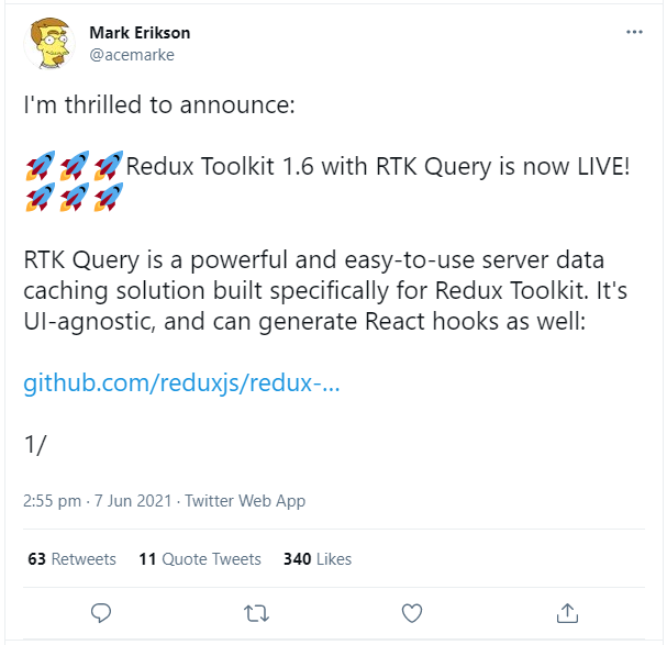 The release of RTK Query being announced on Twitter