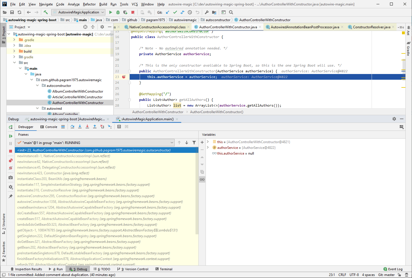 Debugging Spring in IntelliJ Idea to see how the constructor is called