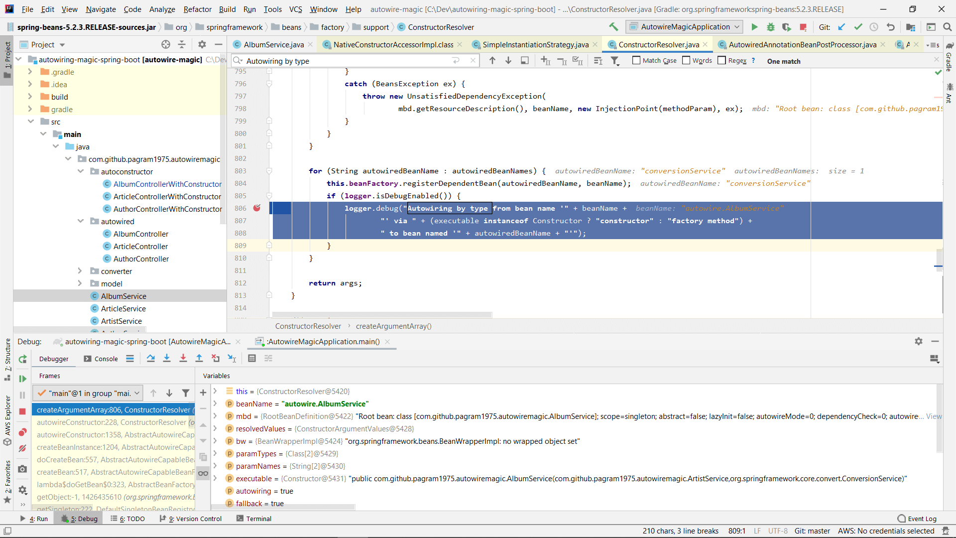 Debugging Spring in IntelliJ Idea to see how the constructor arguments are resolved
