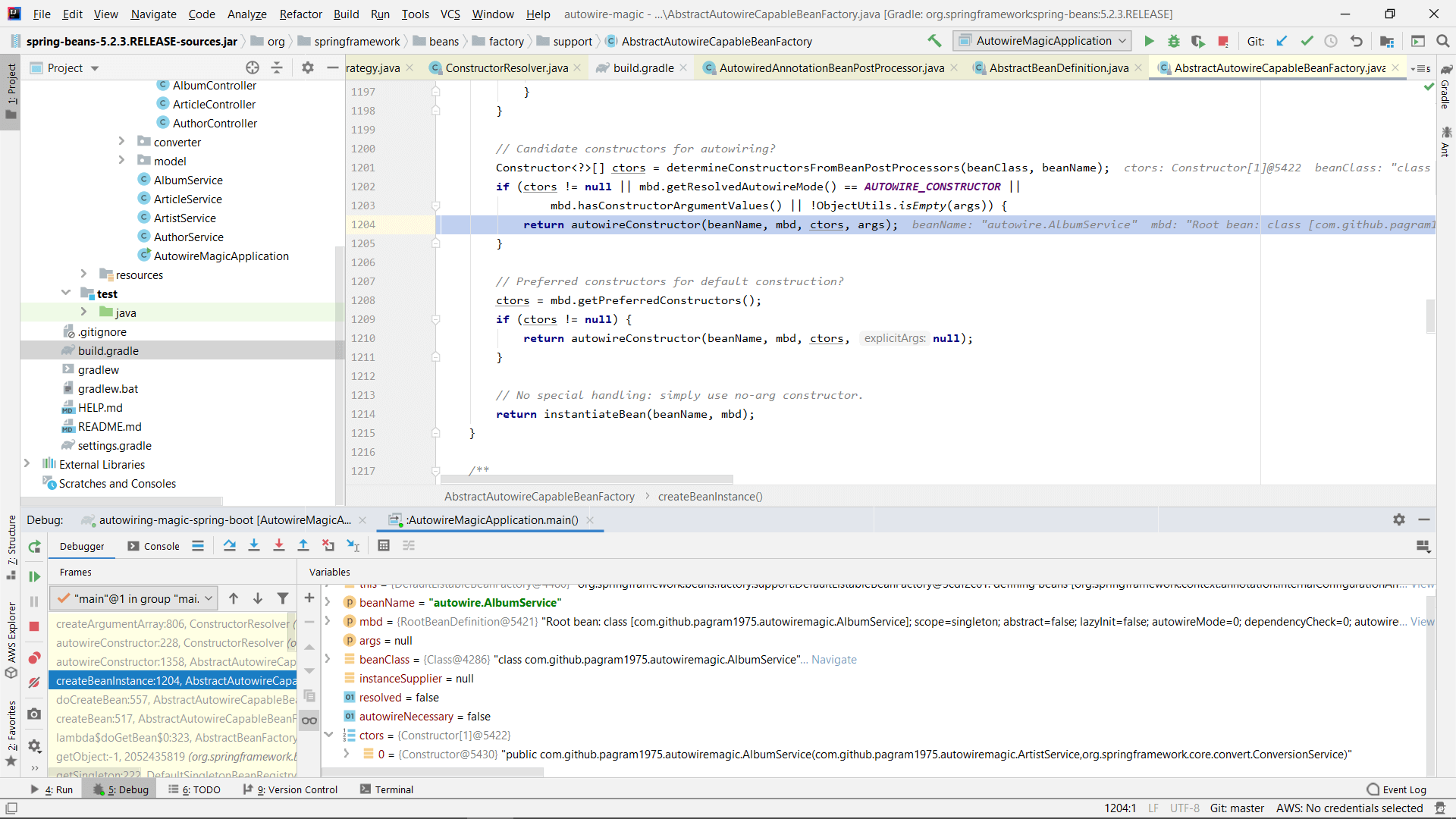 Debugging Spring in IntelliJ Idea to see the constructor for AlbumService has been chosen