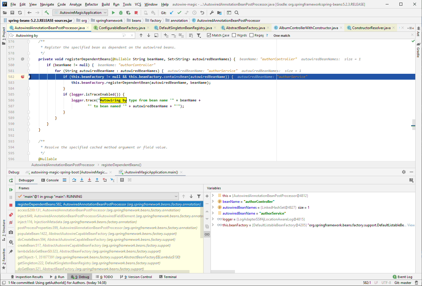 Debugging Spring in IntelliJ Idea to see how the dependency is registered