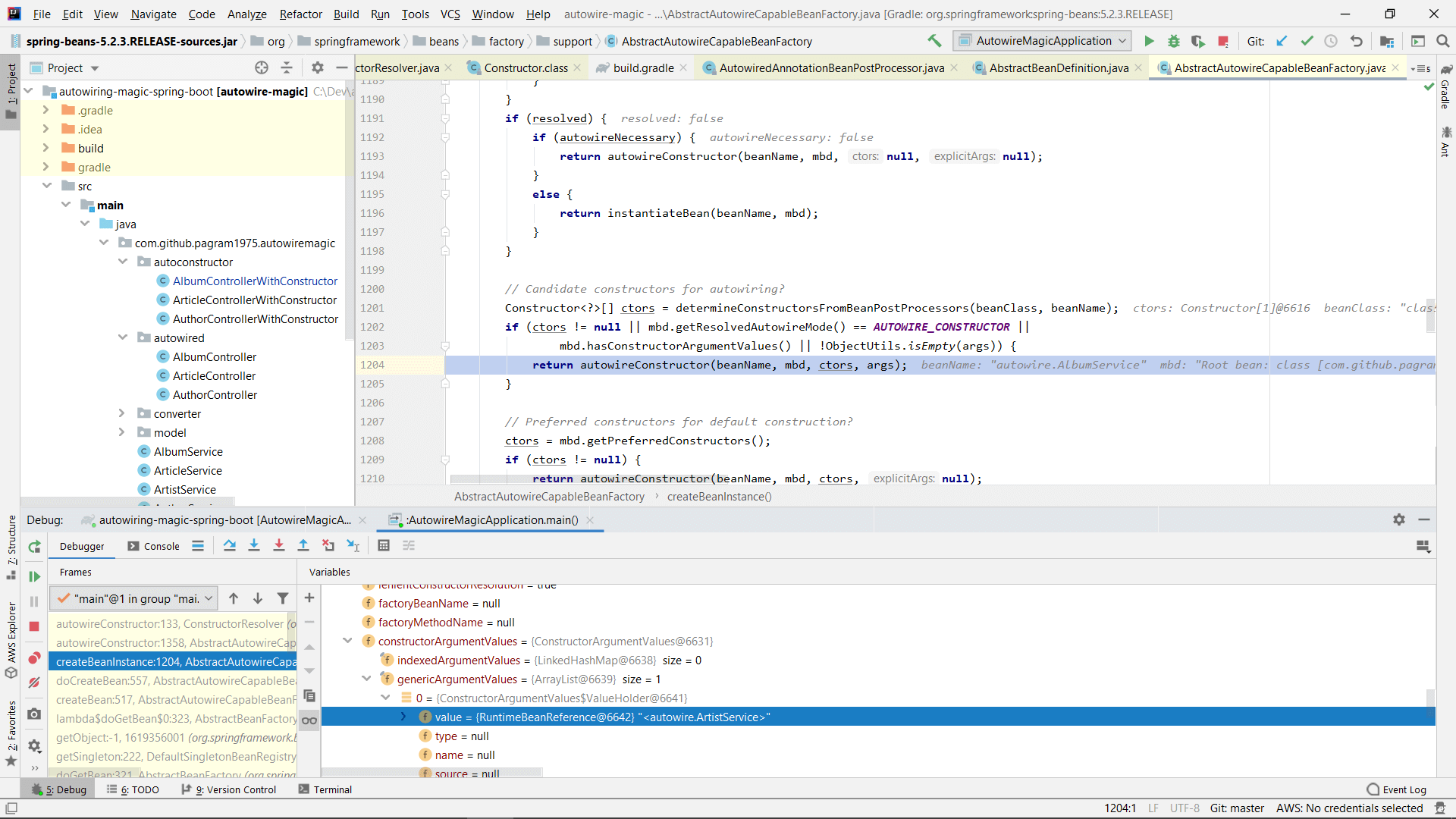 Debugging Spring in IntelliJ Idea to see the configuration data held in the RootBeanDefinition