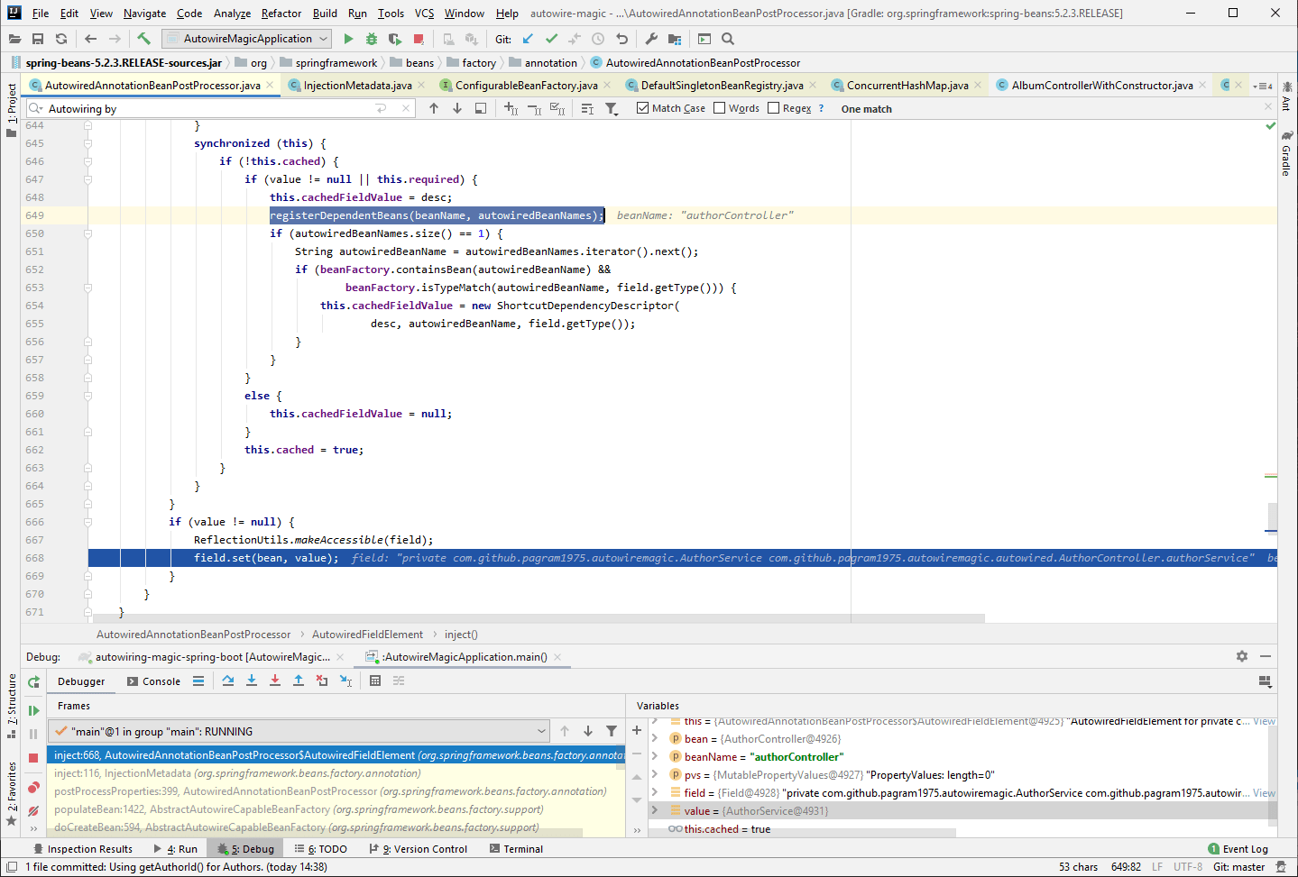 Debugging Spring in IntelliJ Idea to see how the dependency is resolved and set
