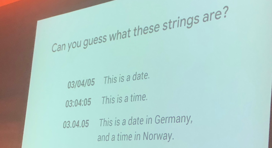 Skip Alums, UX Manager at Google, showing an example of how the same string has different meanings in different locations.