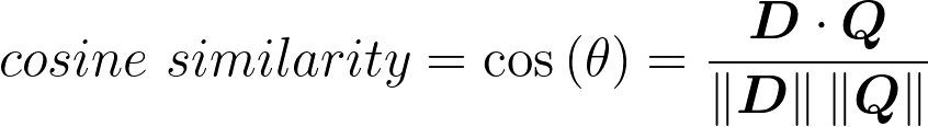 Cosine similarity = cos(theta) = (vector D dot vector Q)/(magnitude of vector D multiplied by magnitude of vector Q)