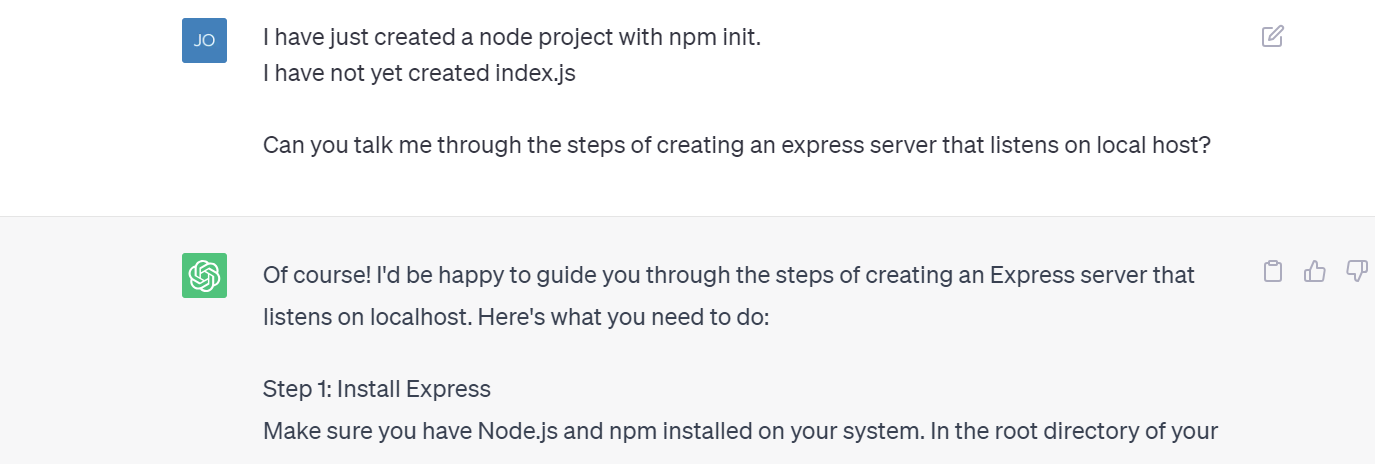 I have just created a node project with npm init.
I have not yet created index.js
Can you talk me through the steps of creating an express server that listens on local host?