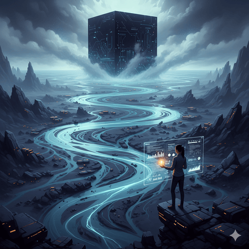 Path finding AI generated image of a person finding their way down a river