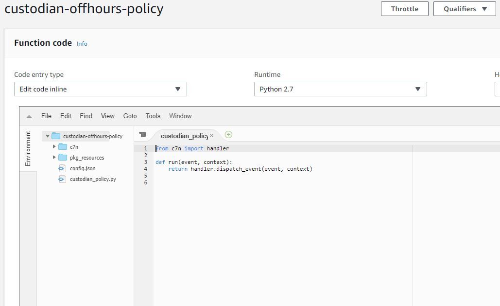 Screenshot of AWS Console showing the Lamdba function for the Custodian offhours policy.