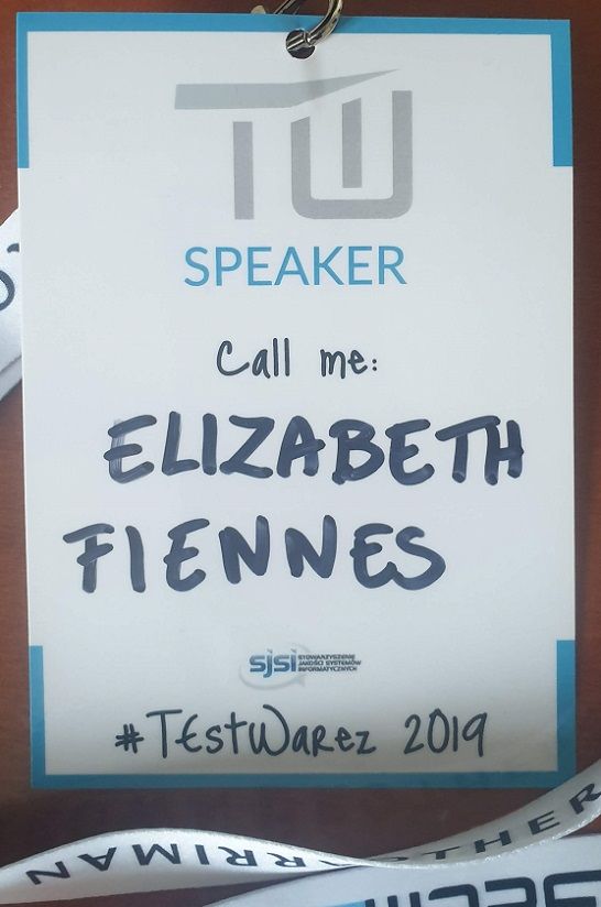 Name badge of Elizabeth Fiennes at TestWarez