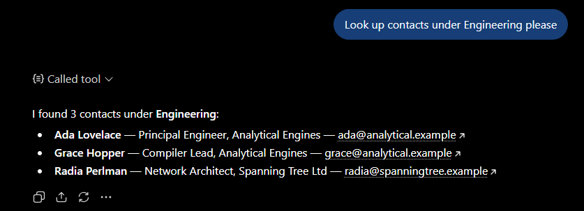 ChatGPT answering "Look up contacts under Engineering please" as a bullet list of three contacts, each with a name, role, company and email.