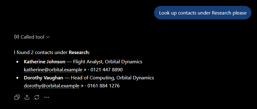 ChatGPT answering "Look up contacts under Research please" as a bullet list of two contacts, laid out over two lines each and including phone numbers.