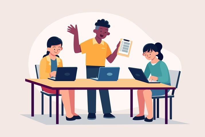 Illustration of three people with laptops working together around a table