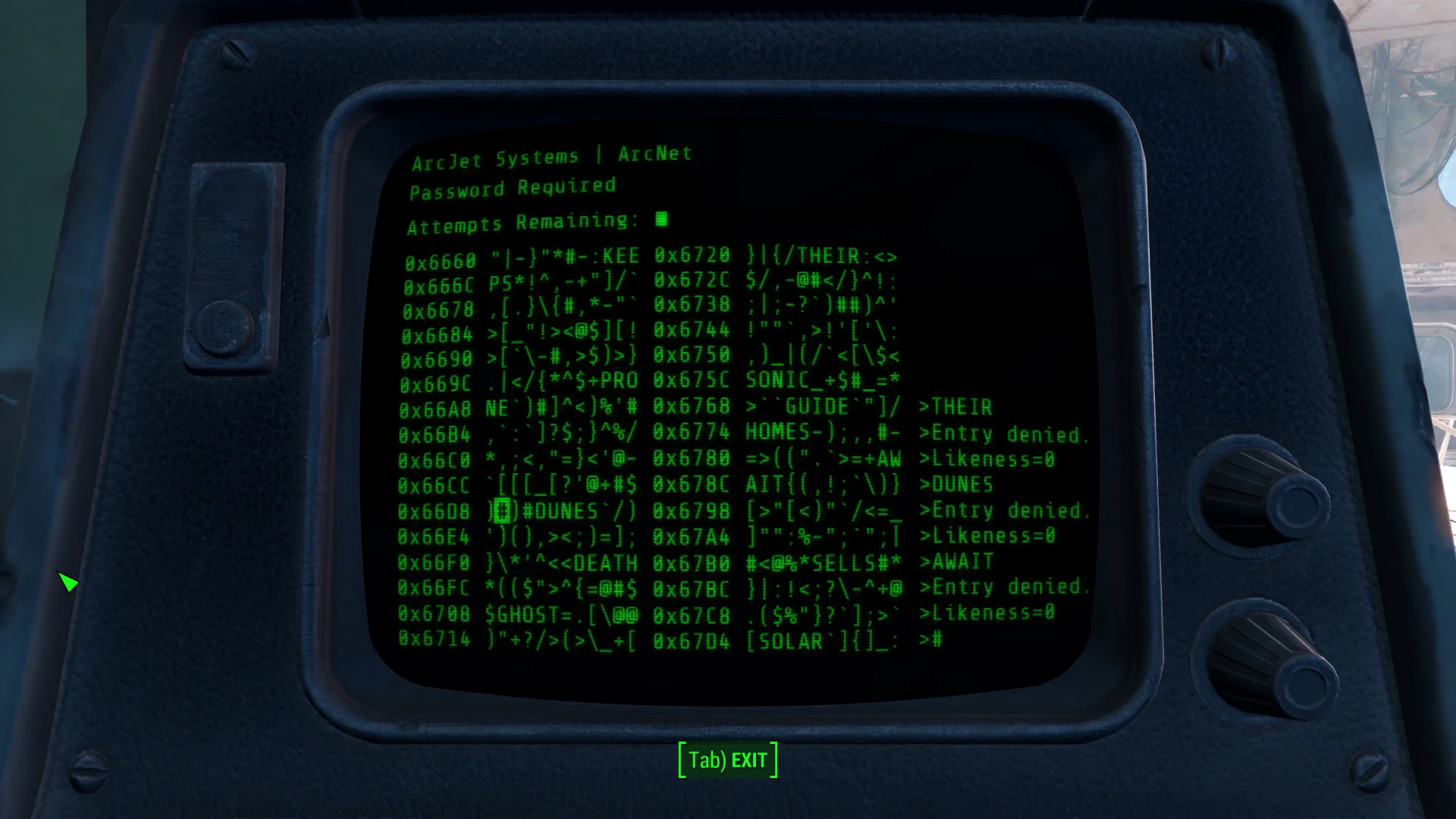 A screenshot of a popular game showing a terminal with green lettering on a black background asking for a password, displaying words for the user to guess amongst random symbols.