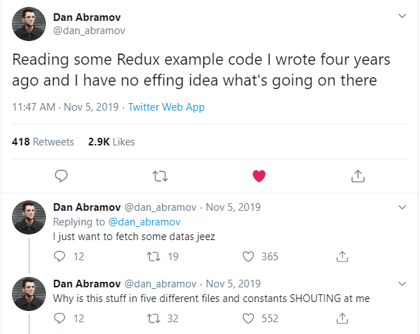 Dan Abramov complaining about Redux in a tweet