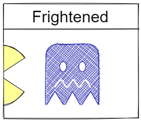 A frightened Pacman ghost being chased by Pacman