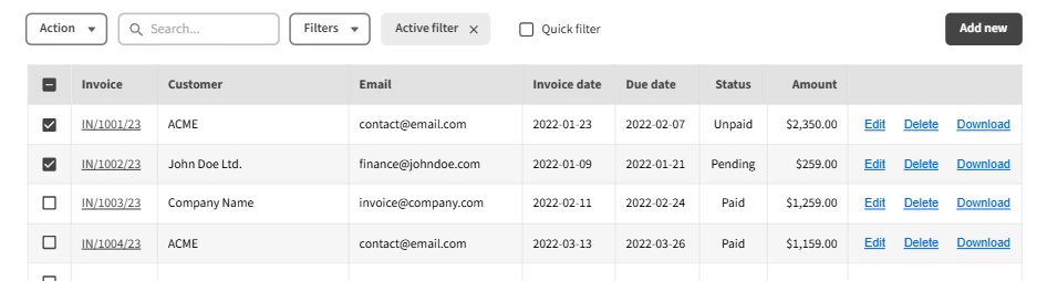 The original design: table with links per row