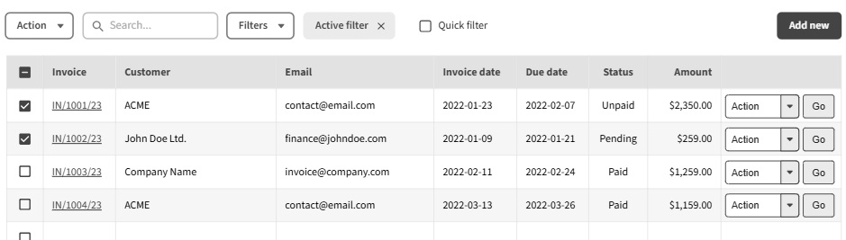 The final design: a drop-down per row