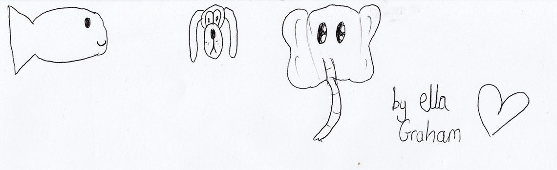 A drawing of a fish, a dog and an elephant by Ella Graham, aged 11.