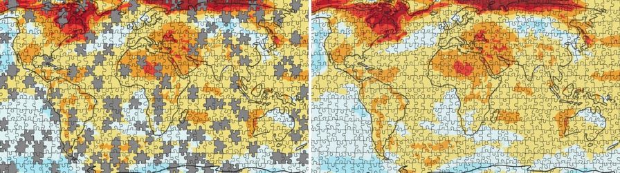 Two jigsaw puzzles depicting weather patterns around the earth. The first puzzle has missing pieces; the second is complete.