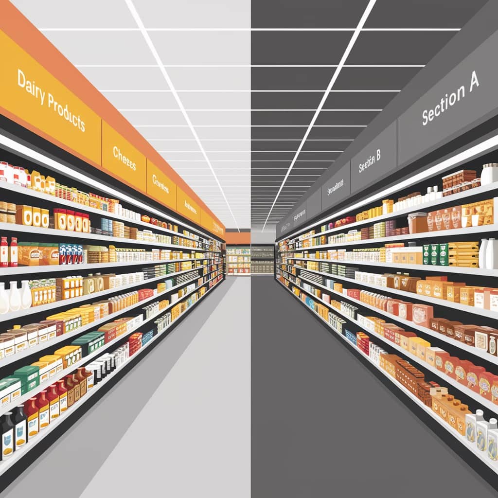 Supermarket aisles: the left side aisles are brightly lit and clearly labelled, with well-organised 'Fruits and Vegetables' and 'Dairy Products' sections. The right side aisles are greyed out, poorly labelled as 'SECTION A' and 'SECTION B,' and are cluttered and disorganised, highlighting the contrast