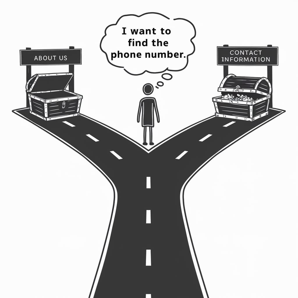 An illustration shows a Y-shaped road with a person standing at the split. The person has a thinking bubble that says, "I want to find the phone number." The left path is labelled "About Us" and leads to an empty chest. The right path is labelled "Contact Information" and leads to a full, overflowing treasure chest