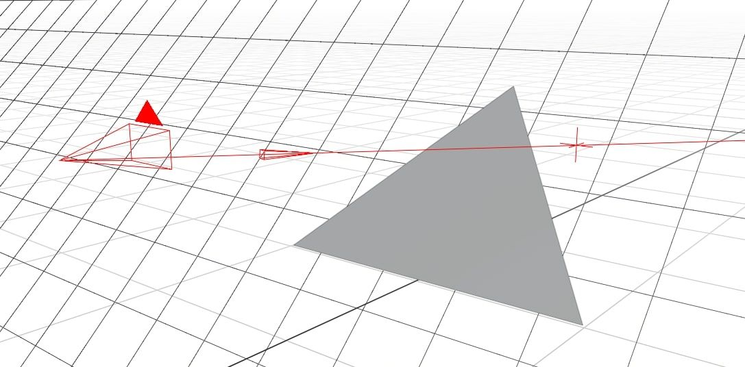 The ray intersects with the plane to the right of the triangle