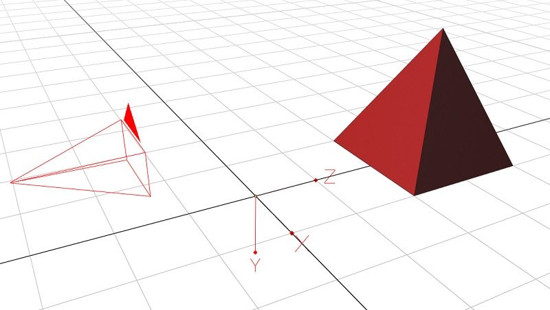 A few meters away from the camera, we see a square-based pyramid sitting on the grid. The side facing the camera is bright red, while the right-hand side is a darker red.