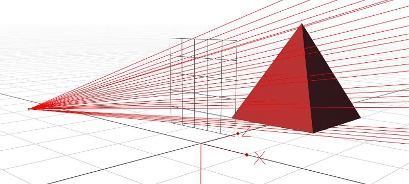 Many bright-red lines appear, propoagating from the camera's location and shooting off into the distance. Some go through the pyramid.