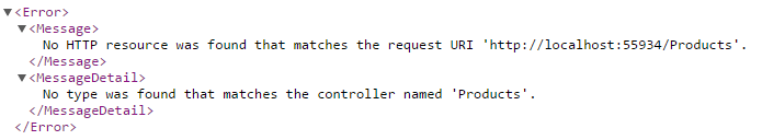 No type was found that matches the controller named 'Products'.