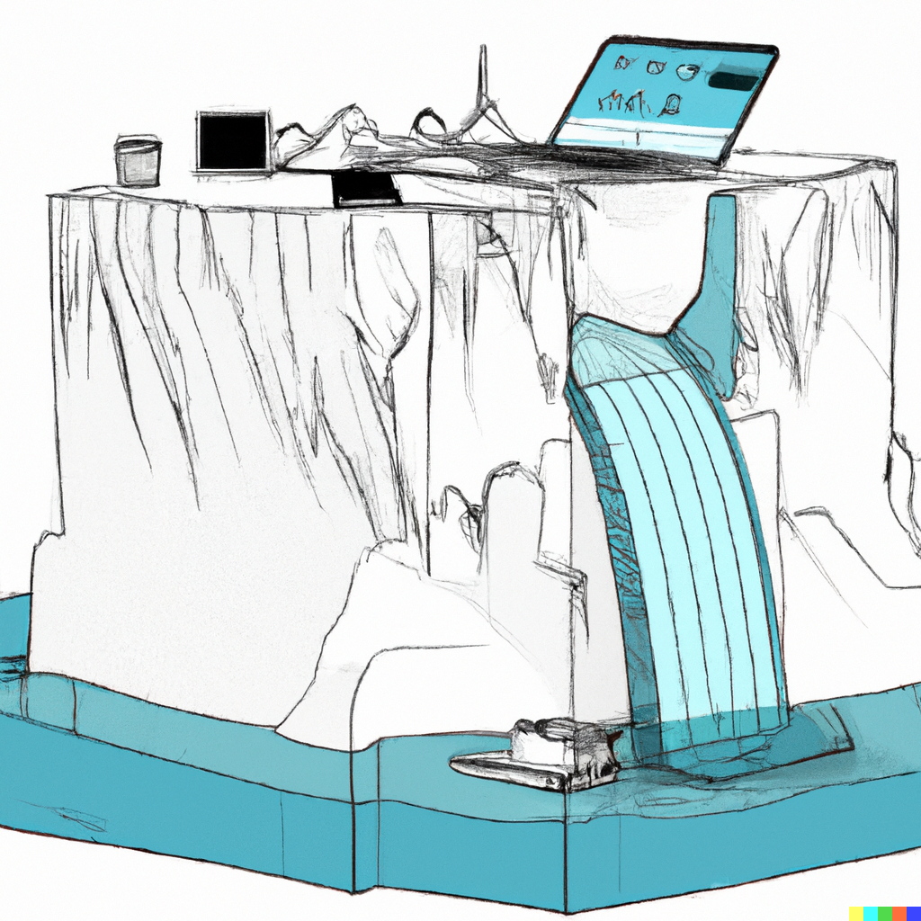 DALL·E 2023-10-25 16.13.50 - Create an outline cross section sketch of a waterfall that shows 1 mobile phone and a laptop on the top of the iceberg and hidden beneath the water li.png