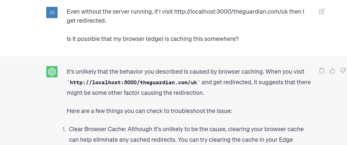 ChatGPT didn't believe me when I told it I had caching issues