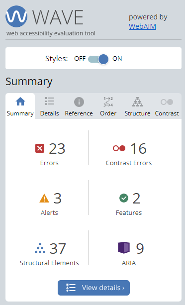WAVE Dashboard showing errors, contrast errors, alerts, features, structural elements and ARIA categories