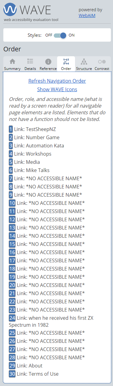 WAVE order tab, showing multiple links without an accessible name
